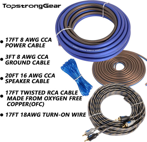 TOPSTRONGGEAR Complete Amp Kit, 8 Gauge True 8 AWG Amplifier Subwoofer Installation Wiring Cables