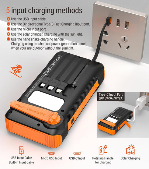 Solar Power Bank 20,000mAh with Hand Crank and 4 Cables, 22.5W Fast Charge, 5 Outputs, SOS Flashlights, Carabiner