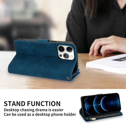 ZZXX iPhone 12 Case Wallet with Card Slot - Premium Soft PU Leather Zipper Flip Folio, Blue 6.1 inch