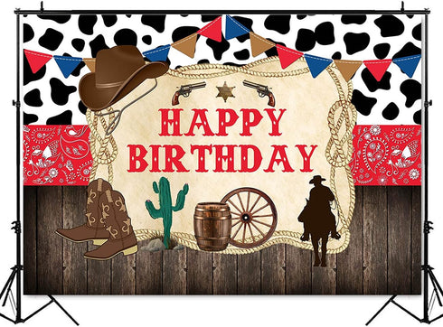 Mocsicka Western Cowboy Happy Birthday Backdrop, Rustic Old West Rodeo Banner (7x5ft, 82x60 inch) Decoration