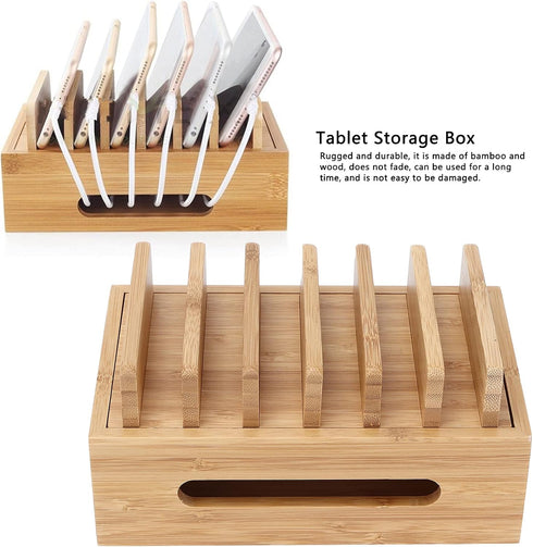 Bamboo Charging Station Rack for Multiple Devices, Universal Docking Station USB Multi-Charger Organizer Compatible
