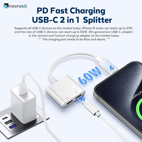 USB C Splitter 1 in 2 Out, Dual USB C Headphone and 60W Charger Adapter, Type C Audio Adapter for iPhone and Samsung