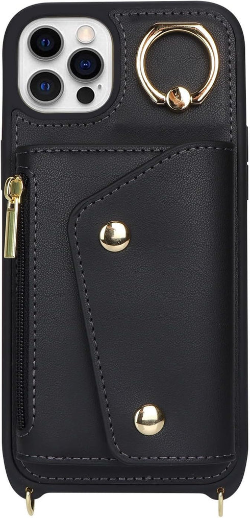 iPhone 12/12 Pro Case with Card Holder and Strap, Zipper Pocket, Crossbody Lanyard, Cute Wallet Case for Women (Black,