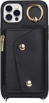 iPhone 12/12 Pro Case with Card Holder and Strap, Zipper Pocket, Crossbody Lanyard, Cute Wallet Case for Women (Black,