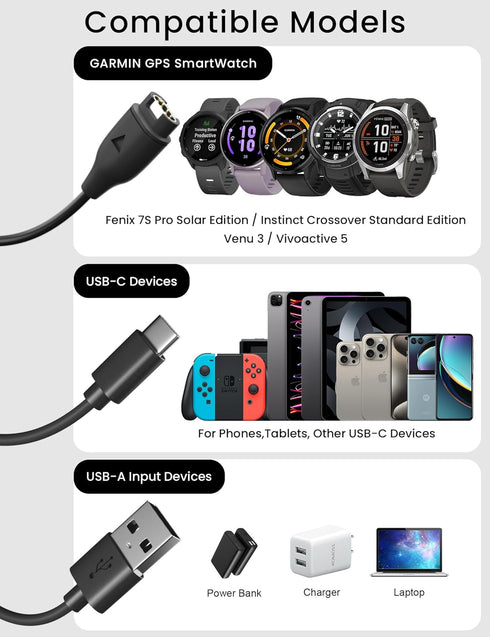 Bicmice Multi Charger Cable Fit for Garmin Instinct Vivoactive Forerunner Venu Vivosmart Fenix GPS Smartwatch 2 in 1 USB Charging Cable with USB-C for Phones Tablets Earphones Multiple Devices