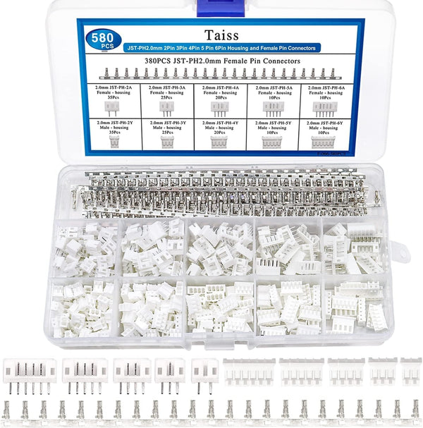 Taiss 580PCS JST PH Connector Kit, 2.0mm 2/3/4/5/6Pin Housing, Female and Male Adapter Cable Connector Plug