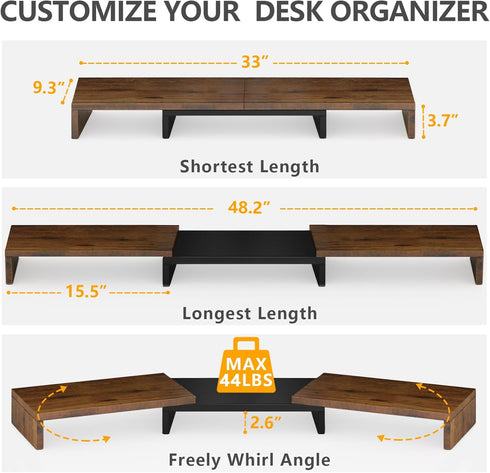 TAVR Dual Monitor Stand Riser, Extra Long Desktop Organizer for 2 Monitors, Max 48.2" Length, Rustic Brown