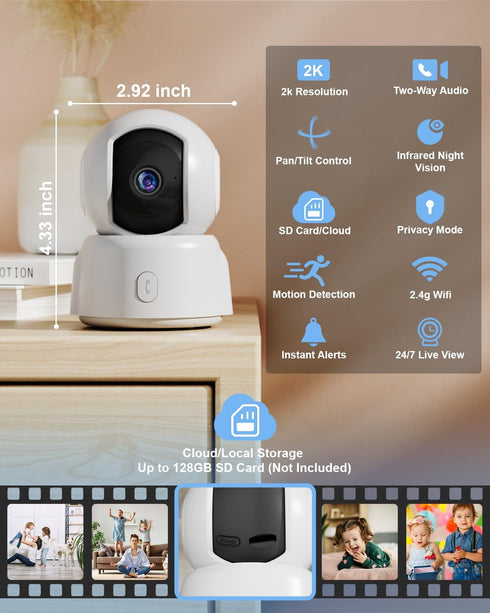 Golspark Indoor Security Camera 2K - Pet Camera for Home Security, Motion Tracking, 2-Way Audio, Night Vision, Cloud &