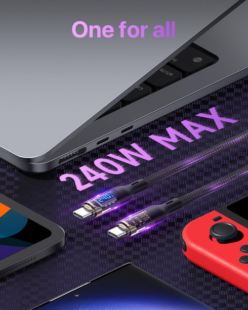240W USB C to USB C Transparent Cable with LED Display for MacBook Pro, iPhone 15/15Pro/15ProMax, Samsung Galaxy