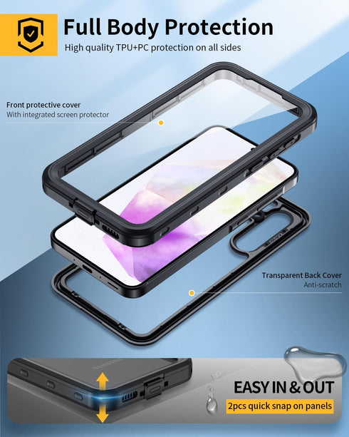 Lanhiem Rugged Case for Samsung Galaxy A35 5G, IP68 Waterproof, Dustproof, Built-in Screen Protector, Black/Clear