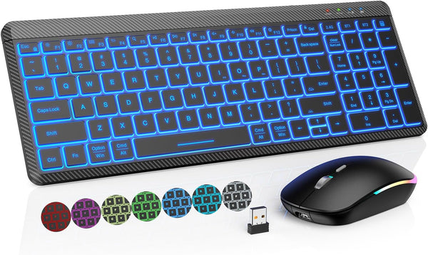 Wireless Keyboard and Mouse Backlit, Slim Portable Rechargeable Multi-Device Bluetooth Keyboard, RGB Silent Mouse for