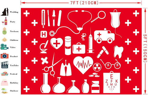 FHZON 7x5ft BJYYFH3 Doctor and Nurse Supplies Backdrop Red and White Cross Photography Background Theme Party Wallpaper