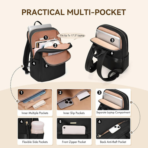 Laptop Backpack for Women, Casual Daypack Purse for Travel Work, Fits 16 Inch Notebook (Black)