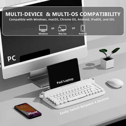 YUNZII Upgraded Wireless Keyboard, Retro Typewriter Style with Integrated Stand, USB-C/Bluetooth, Snow White