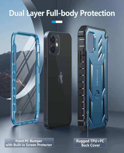 FNTCASE iPhone 12 Pro Case: Rugged Military Grade Drop Proof Cover with Kickstand, Matte Textured TPU, 6.1" - Blue