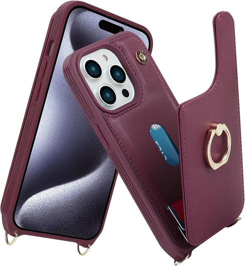 for iPhone 15 Pro Case with Card Holder for Women,iPhone 15 Pro Phone Case with Strap,Crossbody Lanyard,Ring Stand,Snap Clasp,Cute Wallet Case 6.1 inch(Wine Red)