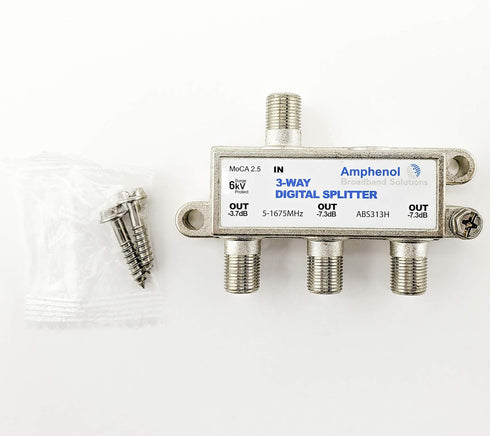 Amphenol 3-Way Digital Coaxial Splitter, MoCA 2.5 ABS313H for Signal Distribution.
