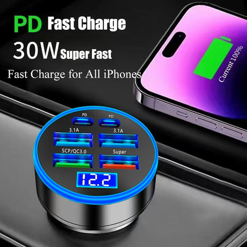 Super Fast Charge USB C Car Phone Charger Adapter, 6 in 1 with Voltage Display, 250W Multi Port Cigarette Lighter for