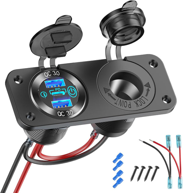 12V USB Outlet Marine Switch Panel, PD3.0 & Dual Quick Charge 3.0 USB Ports, Waterproof 150W Cigarette Lighter Socket