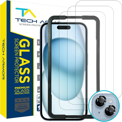 Tech Armor iPhone 15 Screen Protector 6.1" - 9H Hardness, HD, Case Friendly, Ballistic Glass, 3 Pack + Bonus Lens