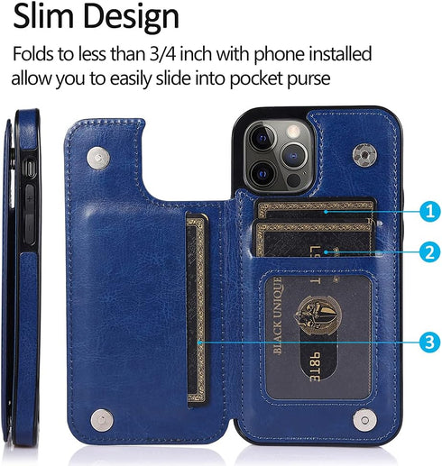 uCOLOR Flip Leather Wallet Case for iPhone 12 Pro/12, Card Holder Kickstand, Marble Design (Blue Flowers)