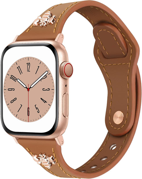 Slim Leather Bands with Charms for Women, Compatible with Apple Watch Band 38mm 40mm 41mm