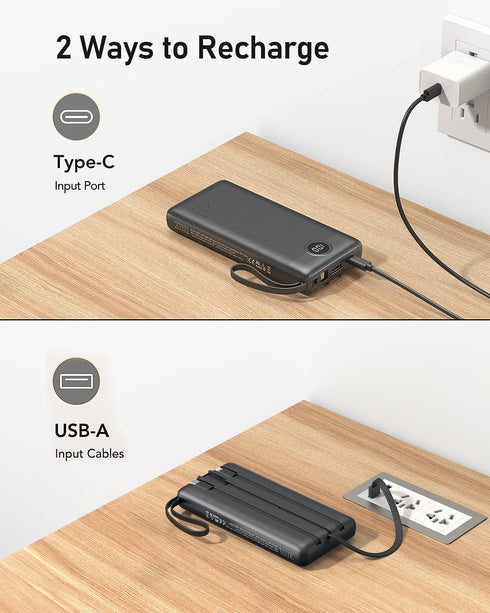 VEEKTOMX 20000mAh Power Bank with Built-in Cables, Portable Charger for iPhone, USB C LED Display External Battery