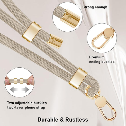 Phone Lanyards For Around The Neck, Crossbody Cell Phone Strap with Premium Metal Buckles Universal Neck Strap Holder with Clear Phone Patches For All Smartphones-Khaki