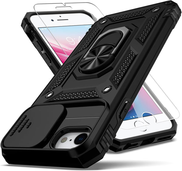 Shop iPhone SE Case 2022/3rd/2020/2nd Gen, iPhone 8/7, Black Military Grade Shockproof Case with Kickstand & Lens Cover.