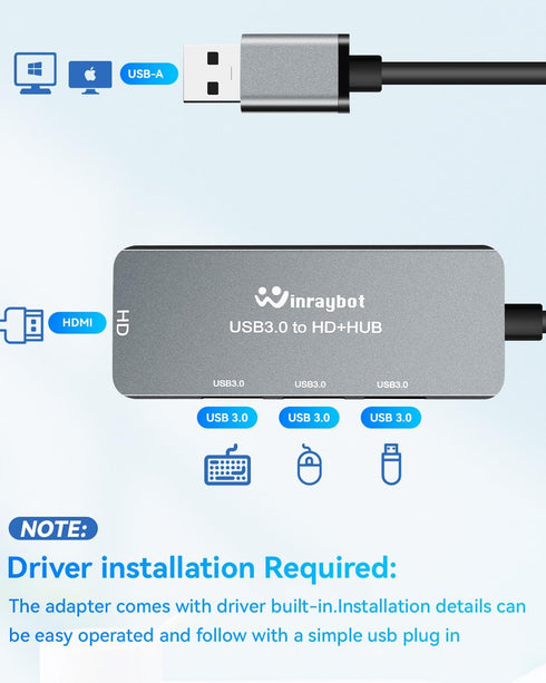 WinRaybot 1080P@60Hz 3 3.0 USB Hub with HDMI Extended Monitor Display with Port USB Hub,Mirror & Extend Display Mode