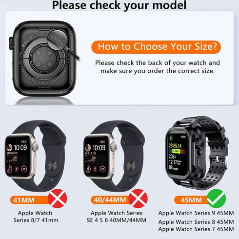 Hensinple Waterproof Case for Apple Watch Band 45mm Series 8/7 with Built-in Screen Protector, IP68 360 Full Protective