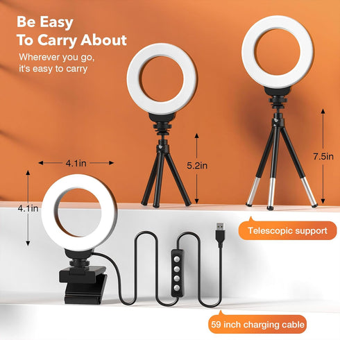 Ring Light for Laptop/Computer, 4'' Small Video Conference Lighting with Tripod, 3 Light Modes & 10 Brightness