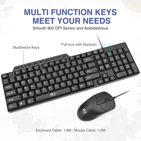 Basic Keyboard and Mouse Rii RK203 Ultra Full Size Slim USB Basic Wired Mouse and Keyboard Combo Set with Number Pad