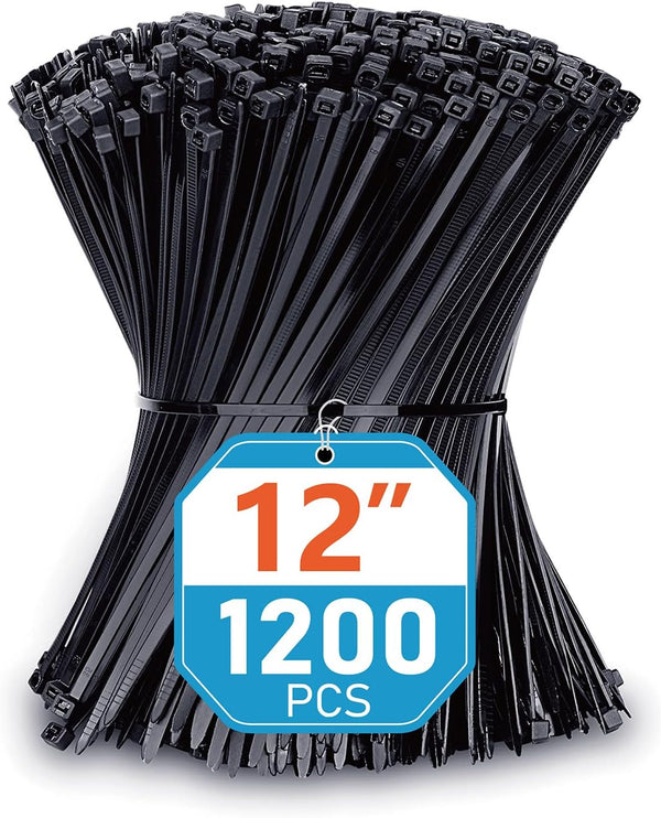 Zip Ties 12 inch (1200 Pack), Black, 50lbs Tensile Strength, UV Resistant
