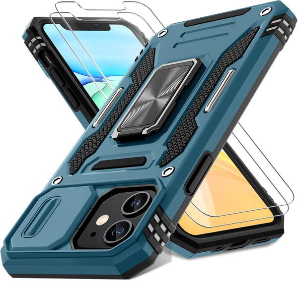DEERLAMN iPhone 11 Case - Light Blue, Military Grade Shockproof, Slide Camera Cover + 2 Screen Protectors, Rotated Ring