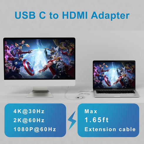 Battony USB-C to 4K HDMI Digital AV Adapter for MacBook Pro/Air, USB 3.0 Data Transfer & 100W PD, 50cm Braided Cable