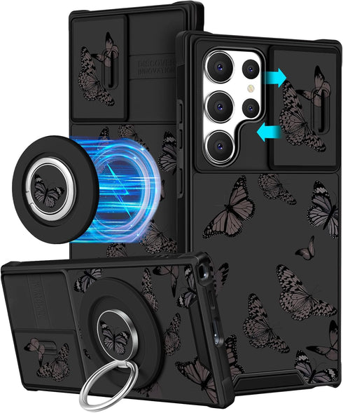 Samsung Galaxy S24 Ultra Case for Women, Cute Black Butterfly Design, Compatible with MagSafe, Camera Cover, 2in1