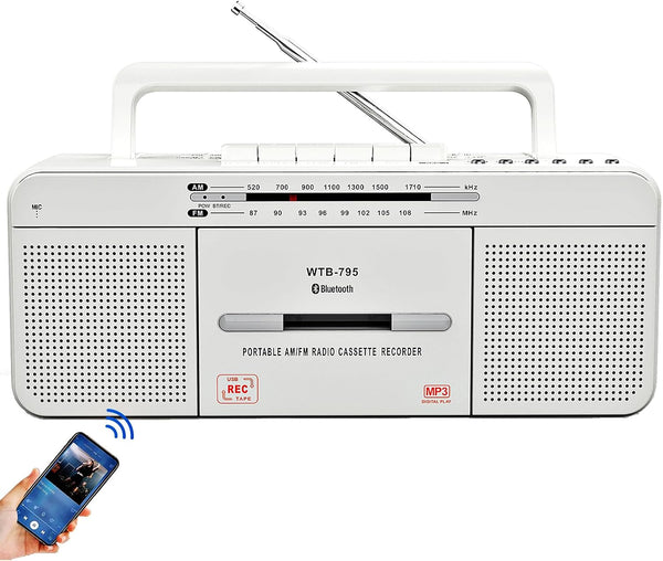 WISCENT Cassette Player Boombox, Portable AM/FM Radio Stereo with Bluetooth, USB, Dual Big