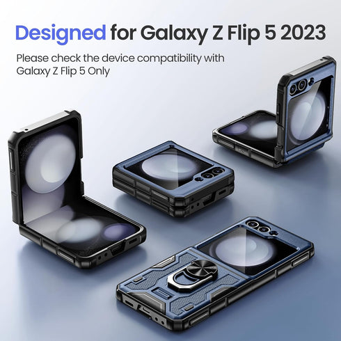 VEGO Galaxy Z Flip 5 Case - Full Body Protection, Screen Protector, Hinge Guard & 360° Ring Kickstand - Navy Blue 2023