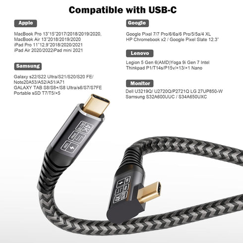 Right Angle 100W PD USB C 3.2 Cable, 20Gbps Data Transfer, 4k Video Output Compatible with Samsung Galaxy S21/S20/S10