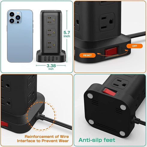Extension Cord with Multiple Outlets, Surge Protector Power Strip Tower, 12 AC 4 USB, 6.5FT Overload Protection