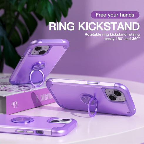 IDweel iPhone 13 Case: Purple 2-in-1 Shockproof Cover with Screen Protector, 360° Ring Holder, & Camera Lens Protector.
