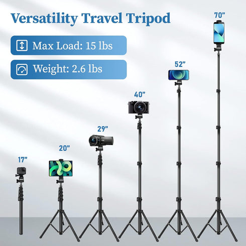 Phone Tripod, 70" Selfie Stick Tripod Stand with Remote Holder Carry Bag, Aluminum Alloy Compatible with iPhone Samsung