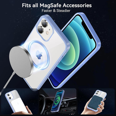 Fin2feel Shockproof Magnetic Case for iPhone 12/12 Pro with Screen Protector, MagSafe Compatible, Light Blue.