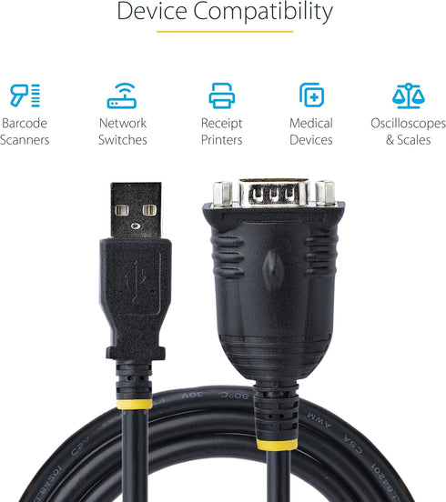 StarTech.com 3ft USB to Serial Cable, DB9 Male RS232 to USB Converter, Prolific IC Adapter for