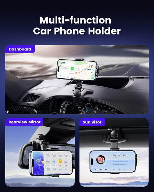Vpryhuan 360 4-7" Dashboard Car Phone Holder Mount with Anti-Drop Clip - Rotation Multifunctional Cell Phone Holder Car