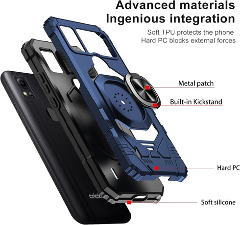 TJS Compatible for Cricket Icon 5 Case, AT&T Motivate 4 Case with Tempered Glass Screen Protector & Metal Ring Magnetic