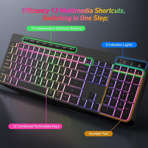 Wireless Keyboard and Mouse Combo with Backlit, 2.4G Full Size Ergonomic Keyboard with Light Up Letters, Rechargeable