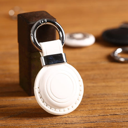 Genuine Leather Airtag Holder, Suitable for Apple Airtag Keychain with Stainless Steel Ring Lock - White V2.0