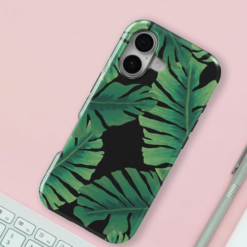 DistinctInk 17 Tough Case for iPhone - Compatible with MagSafe - Tropical Banana Leaves